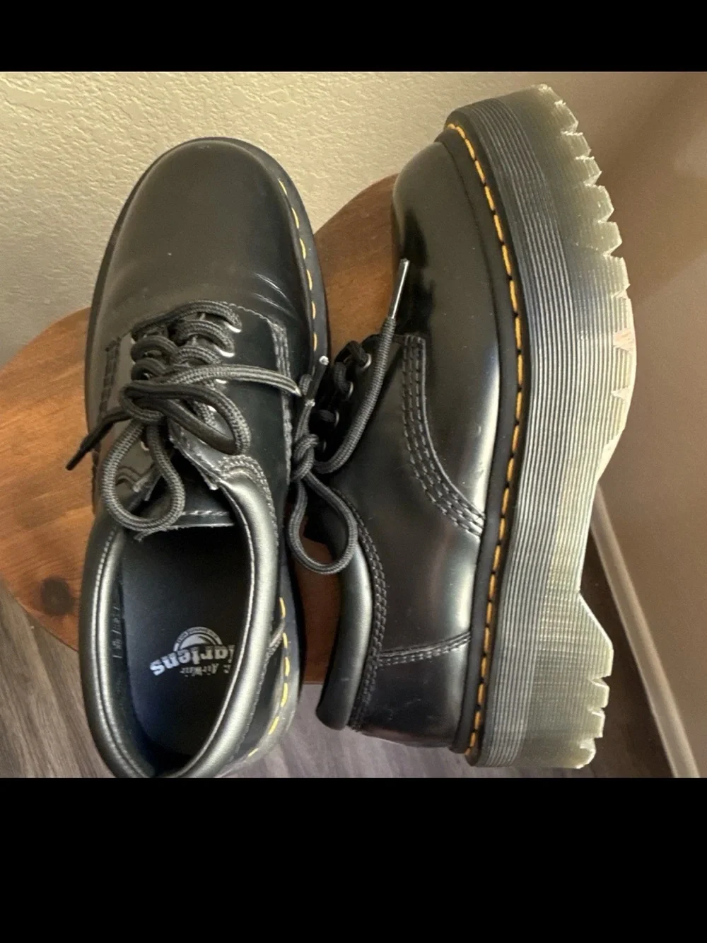 Dr. Martens Black Smooth Leather Lace-Up Oxfords with Yellow Stitching